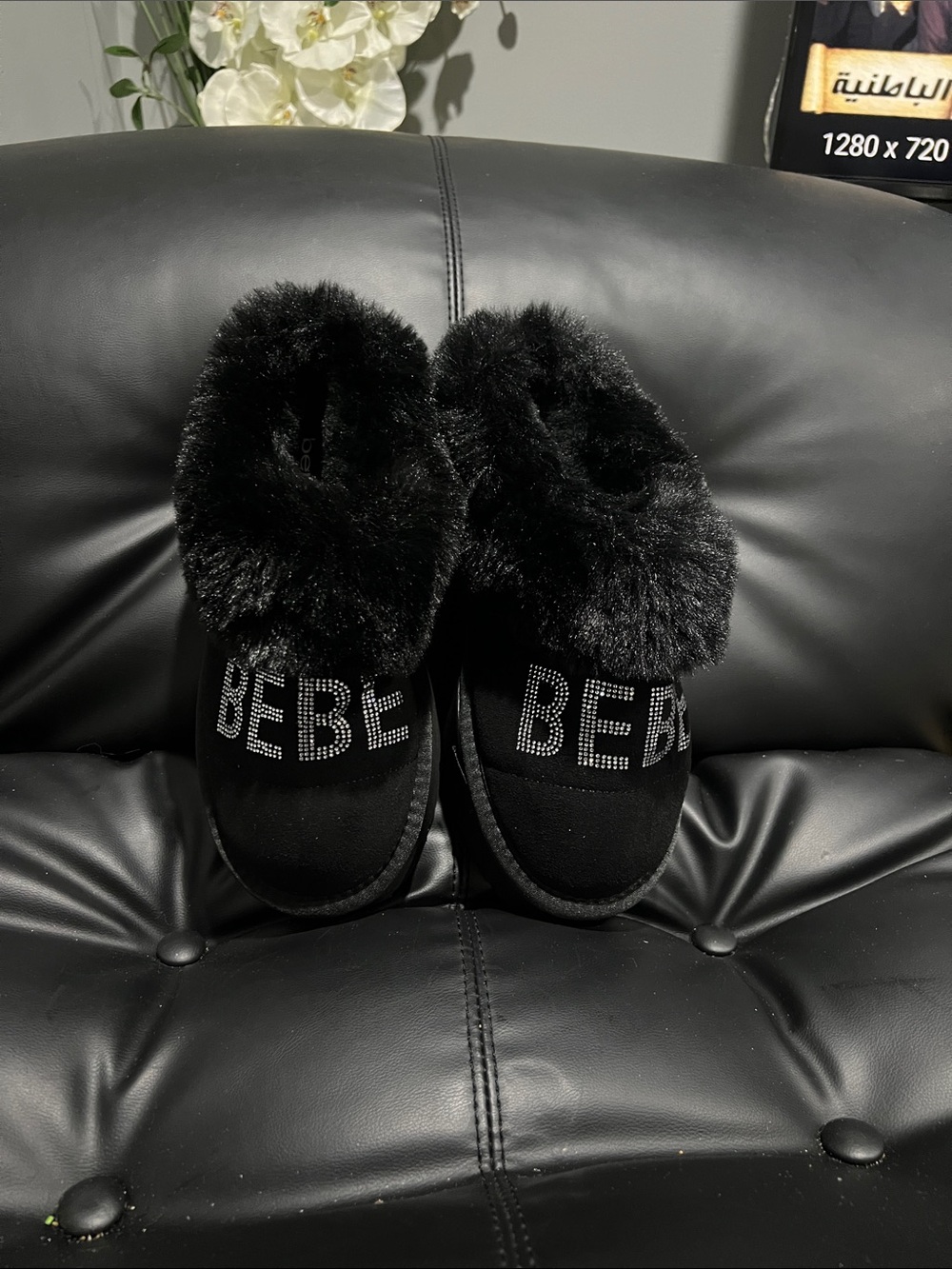 bebe Black Faux-Fur Logo Slip-On Slippers